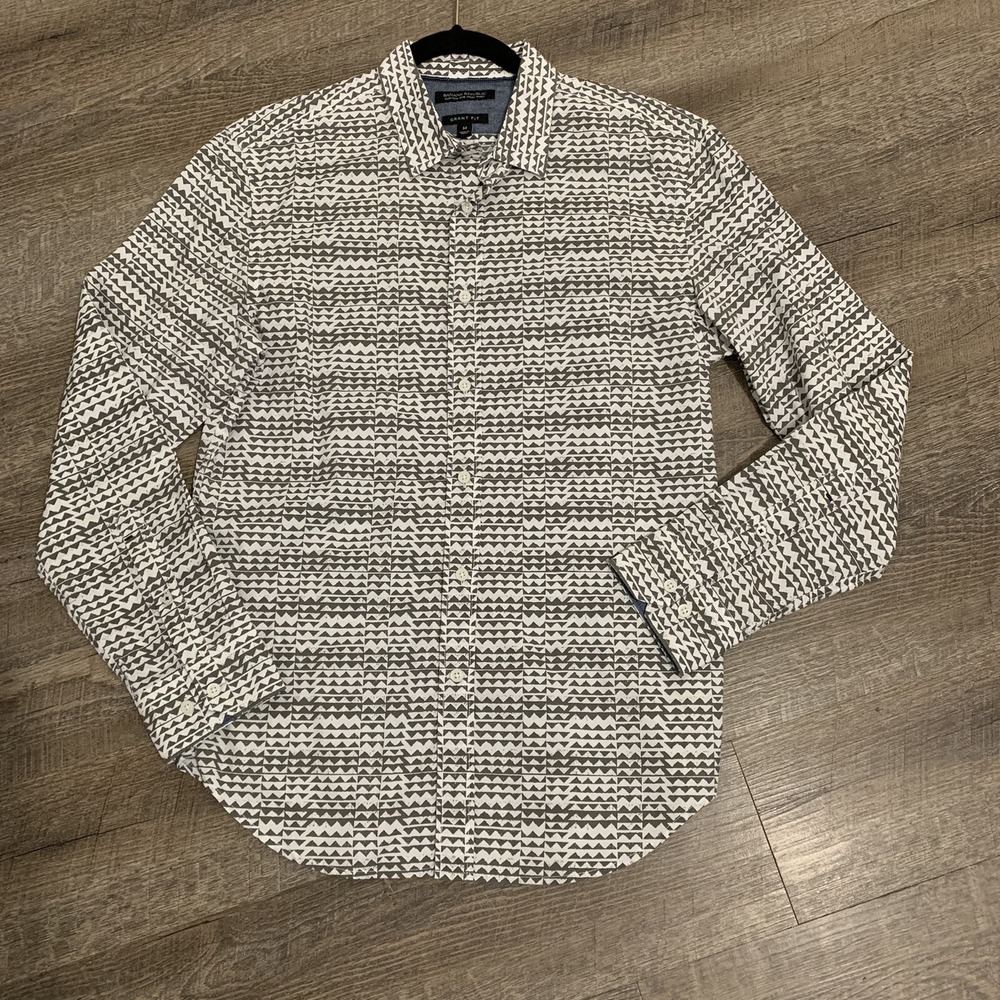 Banana Republic Shirt Mens Medium Gray White Pattern Print Button Long Sleeve